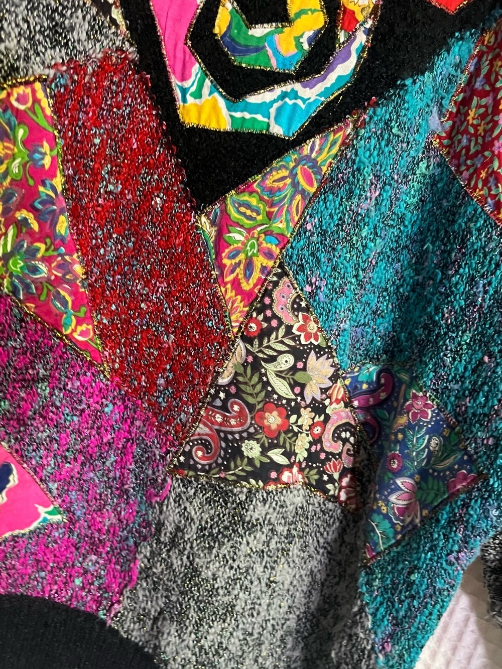 Vtg Mariea Kim Sweater Multicolor Vintage 80s Patchwork Knit Batwing Pullover M - Picture 4 of 12